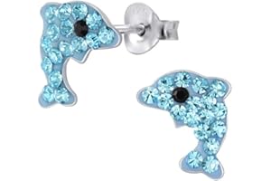 Laimons - Orecchini per bambine e ragazze, a forma di delfino, in argento Sterling 925, con glitter azzurro