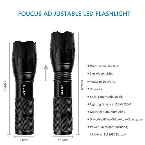 Led Taschenlampe Mit einstellbarem Fokus CREE XM-L T6 ,5 Modis Einstellbar LED Handlampe LED Camping Handlampe,, Wasserdicht Taschenlampen für Outdoor Sports－Schwarz - 3
