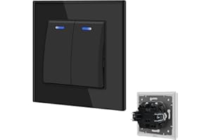 BSEED Przełącznik ścienny ze wskaźnikiem LED, przełącznik wpuszczany z zaczepami, 10A 2 Gang 1-drożny przełącznik kołyskowy ze szklanym panelem, przełącznik ścienny do salonu, biura, kuchni-czarny