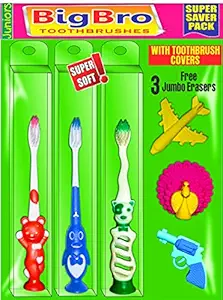 Bigbro Kids Toothbrush Extra Soft Bristle With Cover Cartoon shape Fancy With Tongue Cleaner For Children Boys and Girls + Free Jumbo Erasers (SUPER SAVER PACK of 3 Sets)