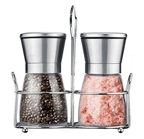 Salz- und Pfeffermühle Salz- und Pfeffermesser Set Gebürsteter Edelstahl und Glaskörper mit manuell verstellbarem Keramikschleifer zur verstellbaren Grobheit mit passendem Edelstahl Ständer Küchenzubehör Kochen Werkzeuge Gewürzmühle Grinder-Set von 2