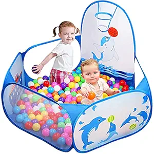 PLUSPOINT Kid Ball Pit with Basketball Hoop 4ft/120cm, 1-6 Years Child Toddler Ball Pool Tent with Zippered Storage Bag for Boys Girls (No Smell) Healthy Pop Up Play Tent DESIGN MAY VARY (Not Included Ball) (Ball Pool)