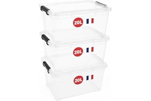 LPVS Boite Rangement Plastique avec Couvercle - 20L - Lot de 3 - Caisse Transparent - Clips de Fermeture - Poignée - Empilable - Plastique Renforcé - Idéale pour la Chambre, Garage - Fabricant Français