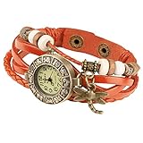 Taffstyle Damen-Armbanduhr Retro Vintage Geflochten Leder-Armband mit Charms Anhänger Analog Quarz Uhr Libelle Gold Orange