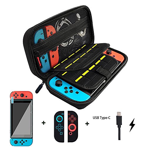Funda para Nintendo Switch Wloomm Versión mejorada Viaje rígida con Funda Switch+Funda Transparente+Protector de pantalla+Cable de carga USB tipo C