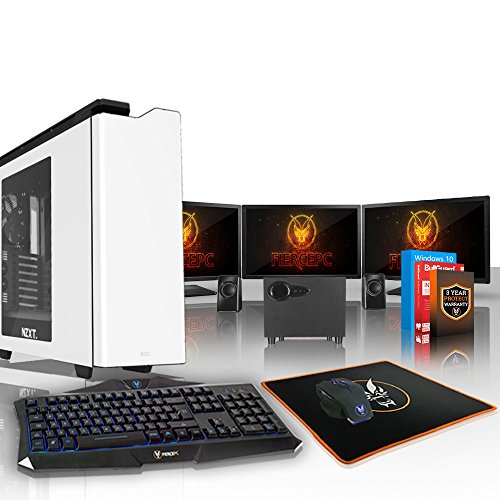 Fierce CHEETAH Gaming PC Bundeln - Schnell 4 x 4.5GHz Quad Core Intel Core i7 7700K, 120 mm All-In-One Flüssigkühler, 1TB Solid State Hybrid Drive, 16GB von 2133MHz DDR4 RAM-Speicher, AMD Radeon RX 580 8GB, HDMI, USB3, Wi-Fi, VR Bereit, Perfekt für High-End-Spiele, Windows 10 installiert - Tastatur (VK/QWERTY) / Maus / 3x 24-Zoll-Monitor / Lautsprecher, 3 Jahre Garantie (503404)