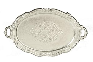 TOWN SQUARE MINIATURES Dolls House Oval Silver Serving Tea Tray Miniature Dining Room Accessory