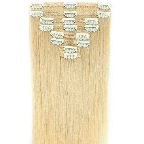 Deluxe Double Weft 8 Pieces Full Head Remy Human Hair Clip in Extensions Long Straight Silky Soft(16"-130g,#613 Bleach Blonde)
