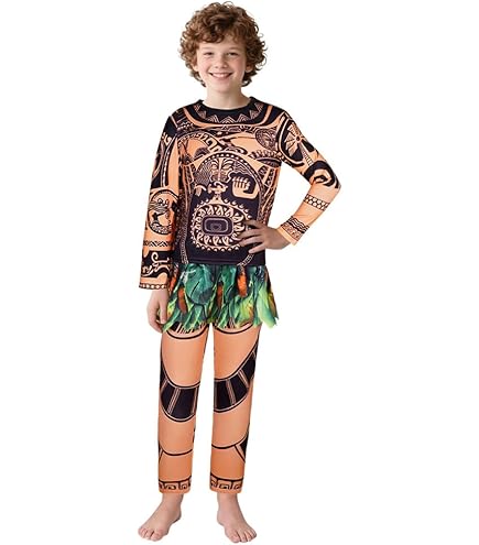 Maui UX008M - Costume Per Bambini, Con Gonna A Foglie, Costume Da Vaiana, Costume Per Carnevale, Halloween, Cosplay, Con Parrucca, Per Collana
