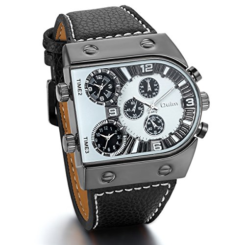 JewelryWe Relojes de Hombre Grande Reloj Deportivo Militar, Reloj de Pulsera Cuarzo de Cuero Negro Tiempo Dual, Cool Llamativo Negro Blanco
