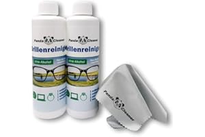 Pandacleaner® - Set di ricarica da 500 ml di detergente per occhiali, 2 flaconi da 250 ml, con panno per la pulizia degli occhiali, senza alcool, non lascia aloni, display, monitor, visiere