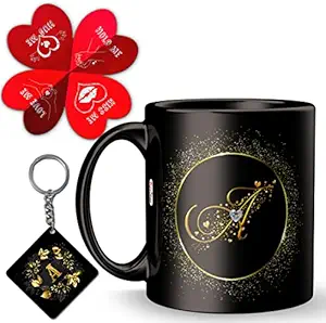 KivStar A Alphabet letter Printed mug + Heart shape card+Printed keychain ,Gift for Love,Birthday ,wife, husband, girlfriend boyfriend,Kids,Brother,Sister on Birthday love Valentines Day and Anniversary. (Black, A- Alphabet)