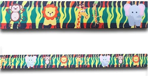 Crystal Charmz 1 Yard (0.91 metre) Jungle Scene with Monkey Lion Giraffe Elephant Grosgrain Ribbon 22mm Wide, Ideal for Craft Projects, Cakes Scrapbooking, DIY Hair Bows, Present Wrapping etc.