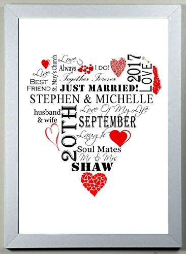 A4 Personalised Wedding / Anniversary / Engagement Framed Heart Print in Silver Wood Frame Gift Keepsake