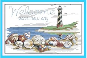 LECZANY Kit Punto a Croce 11CT Tessuto Stampato 28x20cm Kit Ricamo Fai da te Ingresso emplice - Stampa Per Ragazze Artigianato Articoli DMC Ricamo - Conchiglie di faro
