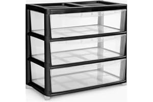 SIDSONS Jumbo Chest 3 Drawers Storage Unit, Plastic Drawers Home Office Closet Bedroom Dorm, Modular Storage Tower Cabinet Nursery School Storage Solution (Black/Clear, 3 Drawers Jumbo)