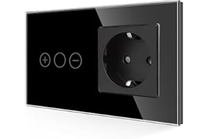 JIMEIDA Interruptor regulador de intensidad con enchufe en negro, regulador de intensidad táctil, panel de cristal templado con retroiluminación LED, 157 x 86 mm