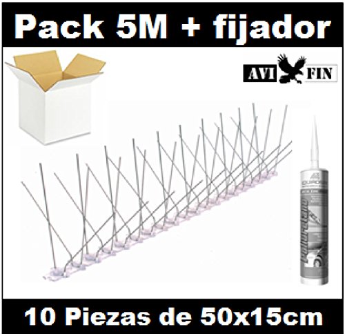 Pack 5M pinchos antipalomas AVIFIN ip140 + fijador profesional. Púa acero y base policarbonato: 10 años garantía.