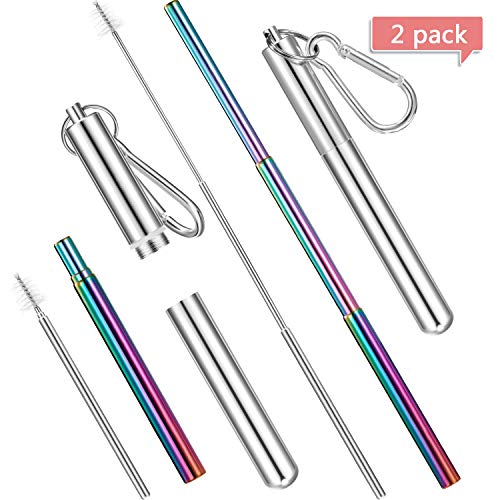 Chinco 2 Ensemble Paille Portable en Acier Inoxydable Set Pailles à Boire Réutilisables Télescopiques Paille en Métal avec Brosse de Nettoyage, Mallette de Transport et Porte-Clés (Multicolore)