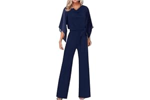 AnnSemo Womens Trendy Cowl Neck Jumpsuits UK Ladies Casual Pants 3/4 Sleeve Wide Straight Leg Trousers High Waist Tie Up Peplum Rompers Solid Color Workout Elegant Loose Fit Overalls