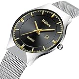 Herren Einfacher Designer Analog Quartz Uhren Silber Mesh Strap Luxus Datum Kalender Ultra Slim Armbanduhr Edelstahlband 30M Wasserdicht Geschäft Lässig Uhr Blau Dial (Schwarz)