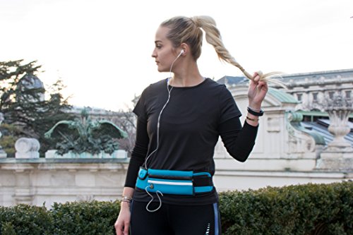 Laufgürtel Esportista (wasserabweisend & verstellbar) für Handy, Smartphone (6 Zoll), Schlüssel, Geld – Hüfttasche mit Reißverschluss, Kopfhörerausgang und Flaschenhalter (Trinkgurt) – Farbe blau - 3