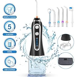Hydropulseur Jet Dentaire Électrique, 300ml Jet Dentaire Portable Sans Fil, Irrigateur Oral Professionnel, USB Chargé, 6 Buses, 5 Modes d'impulsion, Avec Boule de Gravité, IPX7, Sac Inclus