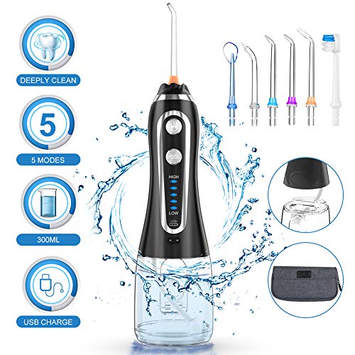 Hydropulseur Jet Dentaire Électrique, 300ml Jet Dentaire Portable Sans Fil, Irrigateur Oral Professionnel, USB Chargé, 6 Buses, 5 Modes d'impulsion, Avec Boule de Gravité, IPX7, Sac Inclus