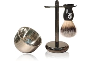ECHOLLY Premium Shaving Brush Kit-3 in 1 Shaving Brush Set for Men Includes Badger Synthetic Hair Shaving Brush,Stainless Steel Shaving Soap Bowl and Safety Stand for Mens Shaving Gift Set (Black)