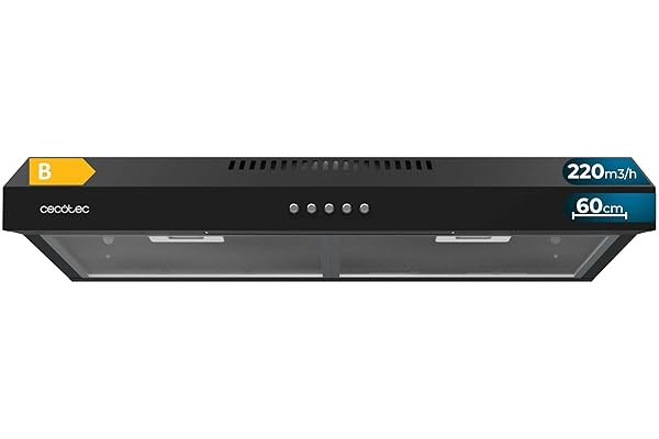 Cecotec Campana Extractora 60cm de Ancho Bolero Flux CM 602200 Black B. Potencia Succión 220m3/h, Motor 70W, Bajo Consumo, Control Mecánico, 3 Niveles de Potencia, Acabado en Negro