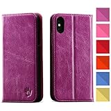 iPhone X Wallet Case by Happy Hands | Luxury Genuine Leather Phone Cover for Apple iPhone 10 | Protective Flip Case with 3 Card Slots, Magnetic Closure Function and Hands-Free Viewing Stand | Purple