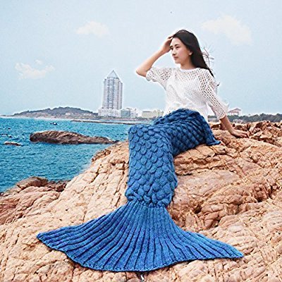 Mermaid Adult Handmade Crochet All Seasons Super Soft &amp; Warm Sleeping Bag Blanket Gift Best Friend … (Blue)