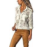 ITISME Damen Strickjacke Frauen Sexy Solide Langarm V-Ausschnitt Spitze Patchwork Button Up Front Shirt Tops