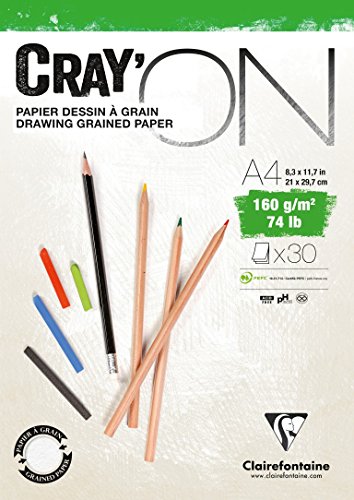 Clairefontaine - Ref 975027C - Cray'On White Glued Sketch Pad (50 Sheets) - A4 (21 x 29.7cm) Size, 160gsm 100% Cellulose Paper, Grained One Size & Smooth Other Side