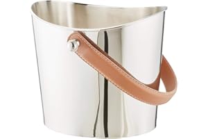 EDZARD Cubitera Gilbert, acero inoxidable niquelado, pulido, asa de cuero marrón, altura 17 cm, cubo para hielo, bol para cubitos de hielo, ice bucket