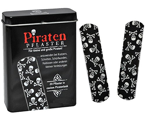 Preisvergleich Produktbild 20 Pflaster mit Piraten - Totenkopf Motiv in Metall Box - Pflasterbox Dose Kinderpflaster schwarz Pirat