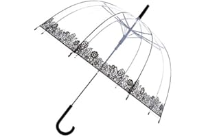 SMATI Paris - Lady’s Clear Birdcage Umbrella decorated with black lace flowers border– Transparent; Windproof; Auto open; Crystal style handle; French design ; Dome shape umbrella