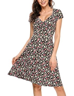 Zeagoo Damen Sommerkleider Jerseykleid Wickelkleid Vintage Blumen Kleid V-Ausschnitt Kurzarm Knielang
