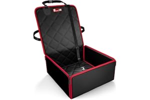 JUST PET ZONE Dog Car Seat and Booster - 2-in-1 Travel Bed & Waterproof Cover for Small and Medium Dogs, Padded with Safety Belt and Nonslip Base (Black/Red)