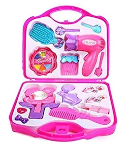 J S Kids Pretend Play Beauty Salon Fashion Play Makeup kit and Cosmetic Toy Set with hairdryer, Mirror & Hair Styling Accessories with a Beauty Suitcase for Little Girls- Pink