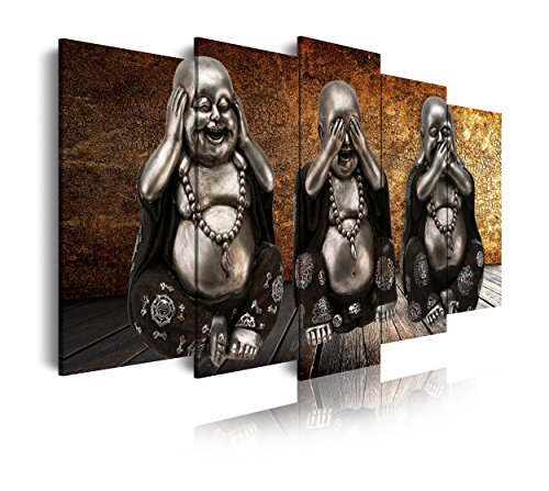 DekoArte 186 - Cuadro moderno en lienzo 5 piezas XXL estilo zen tres budas ver, oir y callar, 200x3x100cm
