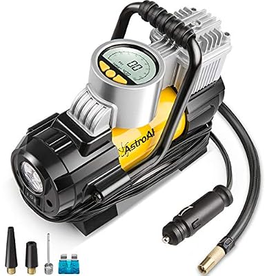 AstroAI Compresseur Voiture 12V d’Air Portable, Gonfleur Pneus Voiture Électrique 10 Bar avec Adapteur de Buse, Fusible Supplémentaire, LED Lampe, Digital LCD Écran des Pneus de Vélo