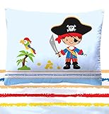 Aminata Kids – Kinderbettwäsche Bettwäsche Kinder 100×135 cm Baumwolle Jungen Pirat Piraten Seeräuber Piratenschiff Schatzinsel Piratenflagge Schatz Schatzkarte Schatzkiste blau Kleinkind KINDERGRÖSSE - 3