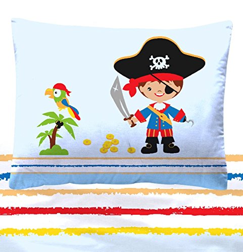 Aminata Kids – Kinderbettwäsche Bettwäsche Kinder 100×135 cm Baumwolle Jungen Pirat Piraten Seeräuber Piratenschiff Schatzinsel Piratenflagge Schatz Schatzkarte Schatzkiste blau Kleinkind KINDERGRÖSSE - 3