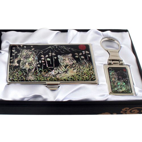 Juego de Tarjetero y Llavero con Madreperla Efecto Nacarado para Tarjetas de Crédito Tarjetas de Identidad Tarjetas de Negocio para Dinero Efectivo Diseño de Tigre Blanco