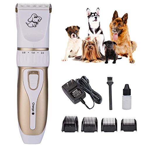 Letopro Clipper para Perros, Kit para la preparación de Mascotas Clipper de bajo Nivel de Ruido,Desmontable, Cortador de Cabello, con 4 Puntas, Cepillo de Limpieza para Perros Gatos,Blanco y Dorado