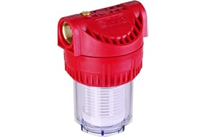 T.I.P. Préfiltre pour Pompes de Jardin et Circuits d'eau Domestiques Taille de 12,7 cm 5" Débit 7000 l/h Cartouche Filtrante lavable Tête de Filtre Transparente en Polyamide Couleur Blanc Rouge