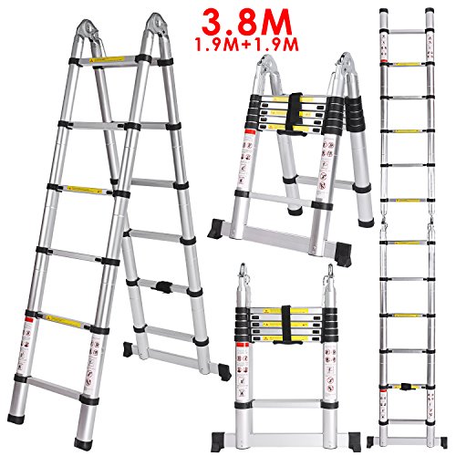 Befied 3.8m Stehleiter Mehrzweckleiter Klappleiter Teleskopleiter aus Alu mit Rutsch-Gummi Teleskop-Design Klappleiter Ausziehbar 6X6 Sprossen 150 kg Belastbar