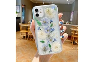 Emlivi Custodia per iPhone Xr, protezione antigraffio con fiori secchi, vero fiore trasparente, antigraffio, in silicone, per iPhone Xr (6,1''), blu chiaro al centro