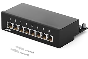 HB-DIGITAL 8-Port Cat 6 LSA Patch Panel, shielded, black distributor panel Cat.6 (250 MHz) desktop table & wall mounting 8X RJ45 socket Professional, TIA568A or TIA568B grounding cable